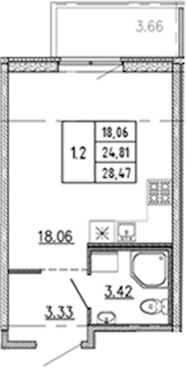 Квартира студия 24.81 м², 11/22 эт., ЖК «Новые горизонты 2»